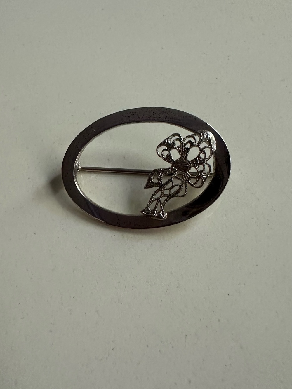Silver Oval Filigree Bow Brooch - Women's Jewelry